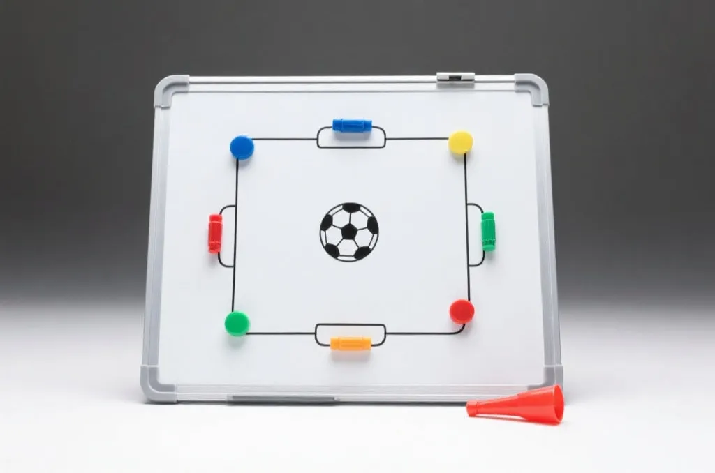 Tactical whiteboard with generic sports strategies and markers